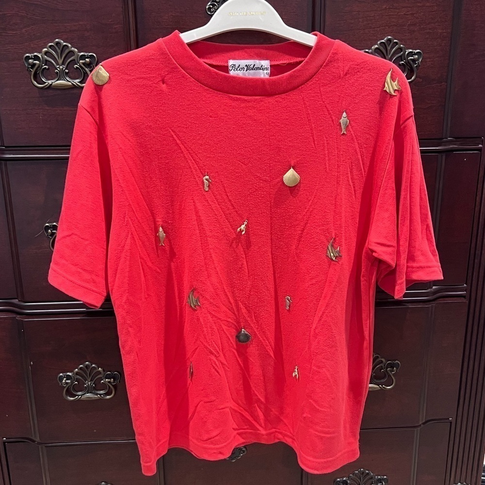 Women’s Vintage 80s 90s Peter Valentine Red Coral Short Sleeve Shirt Top Sz M